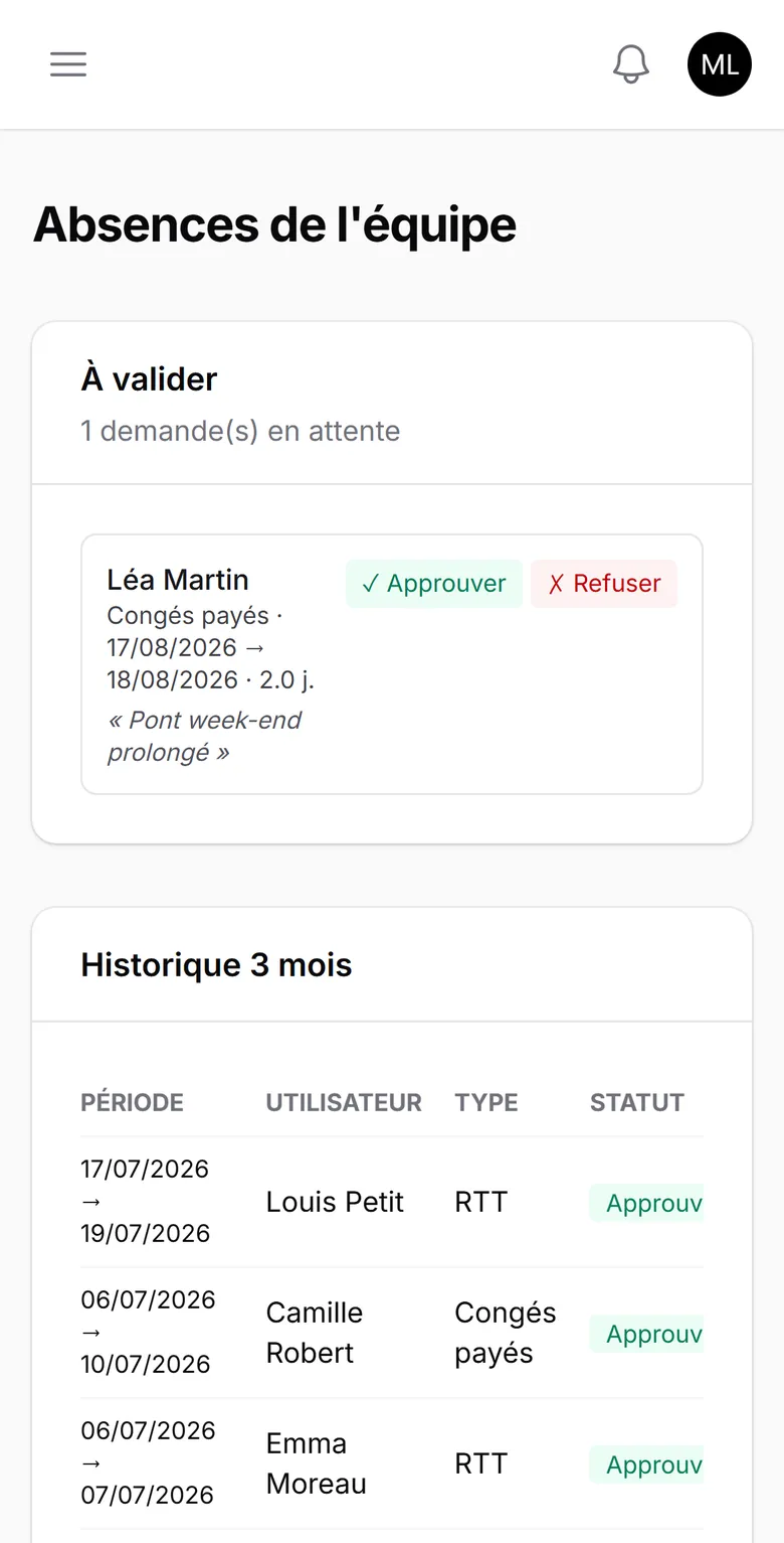 Absences de l'équipe à valider